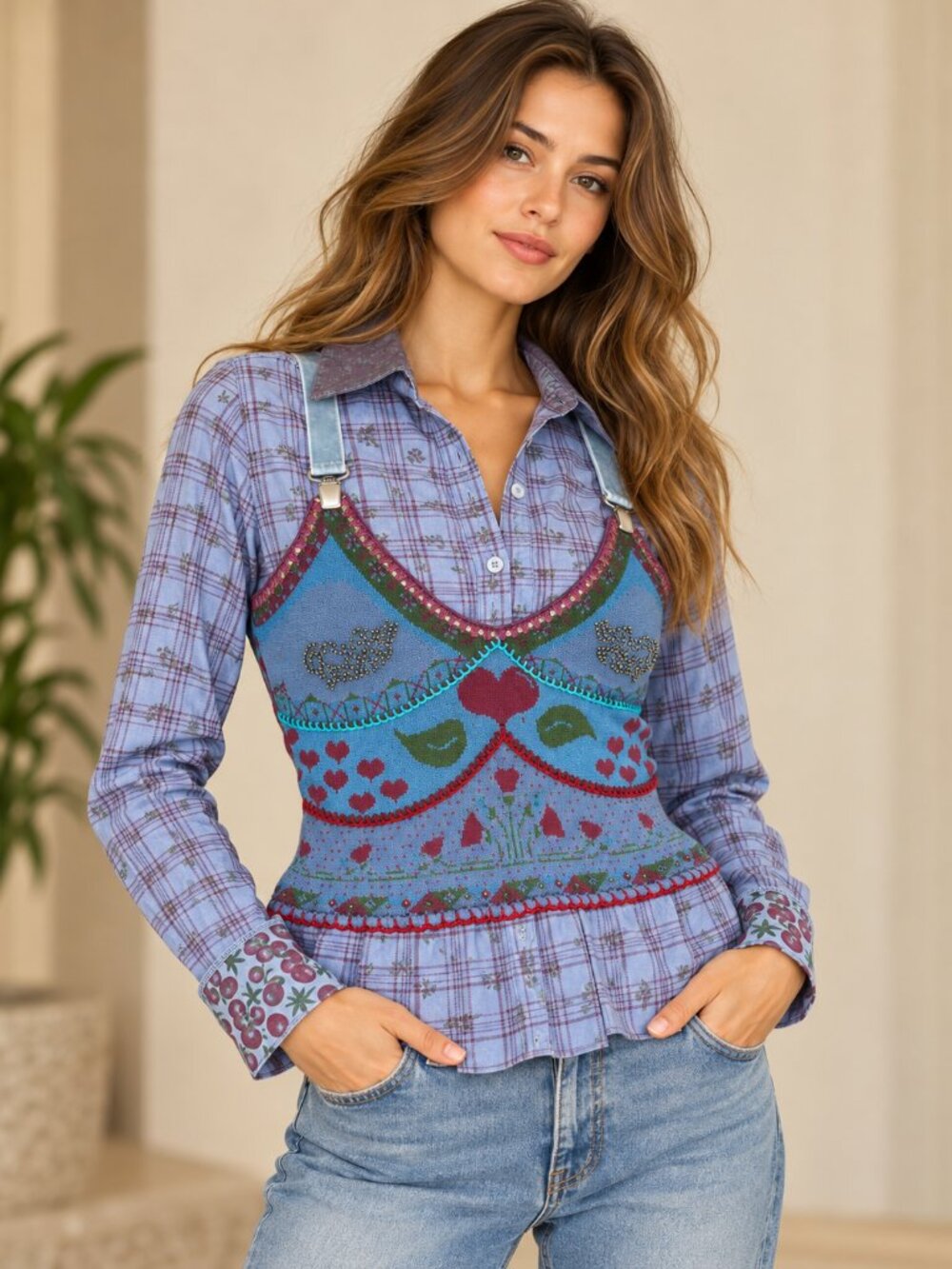 Cecilia Prado Boho Layered Knit Plaid Top Blouse Size S NWT Made in Brazil
